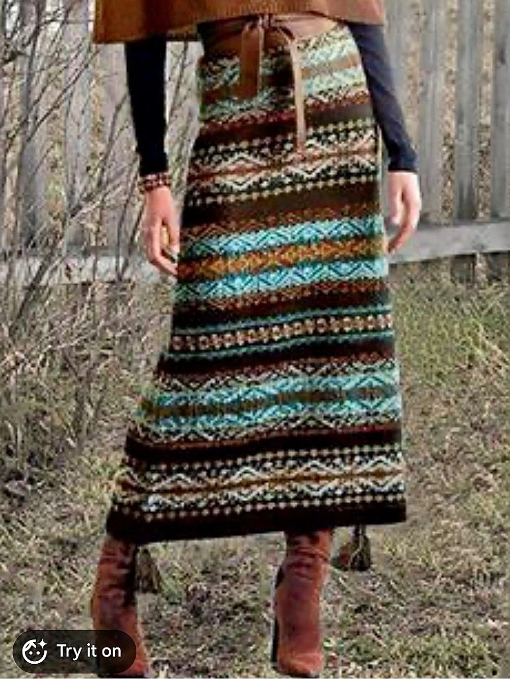 Peruvian Connection Geometric Knit Maxi Skirt Black & Blue Small